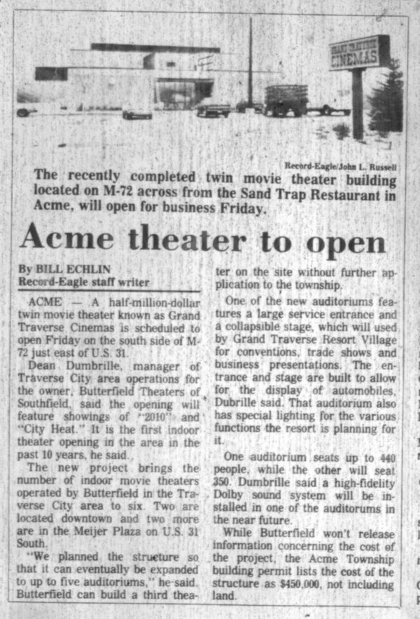 Traverse Bay Cinema - Gt Theater Opening Record Eagle Article 12-13-84 From J Perkette (newer photo)